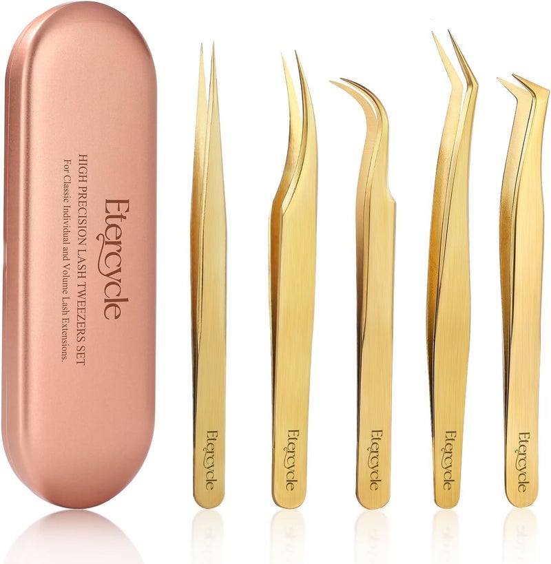 Etercycle High Precision Lash Tweezers Set - Includes 5 Stainless Steel Eyelash Tweezers for Classic Individual and Volume Lash Extensions. Complete with Storage Box - Image 1